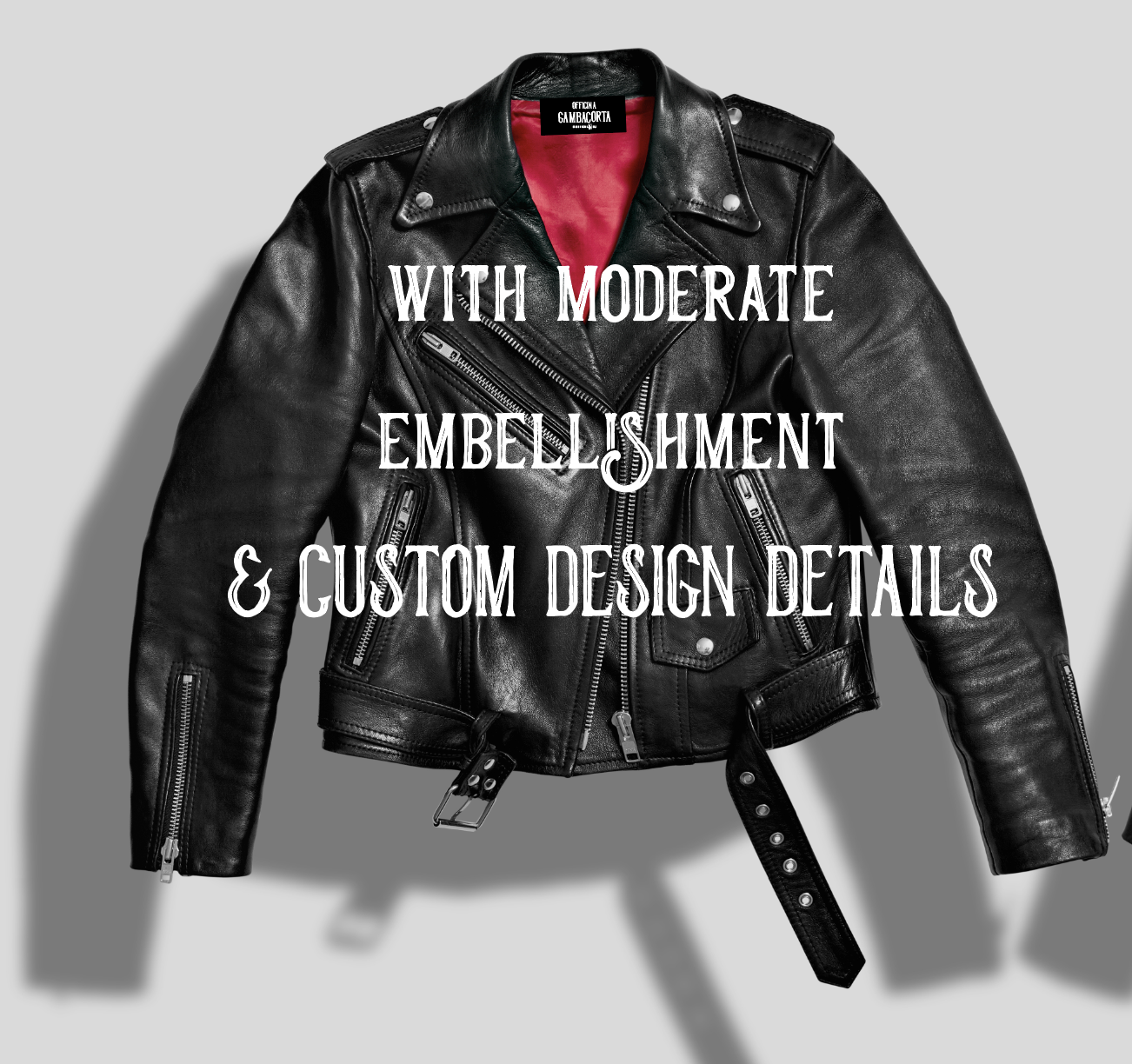 Leather jacket with MODERATE embellishments/trims/embroidery/etc & custom design details